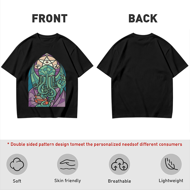 Olive T-Shirt with Stained Glass Style Cthulhu Occult Print