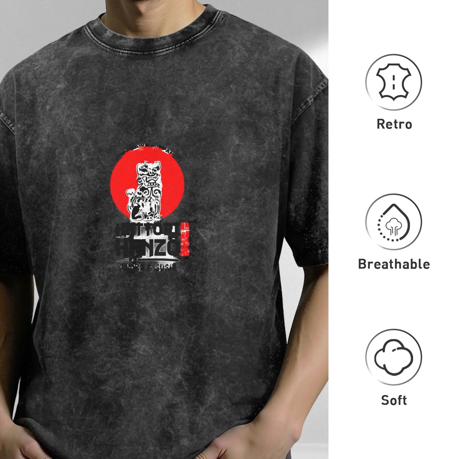 Washed black graphic t-shirt with guardian lion and red sun design