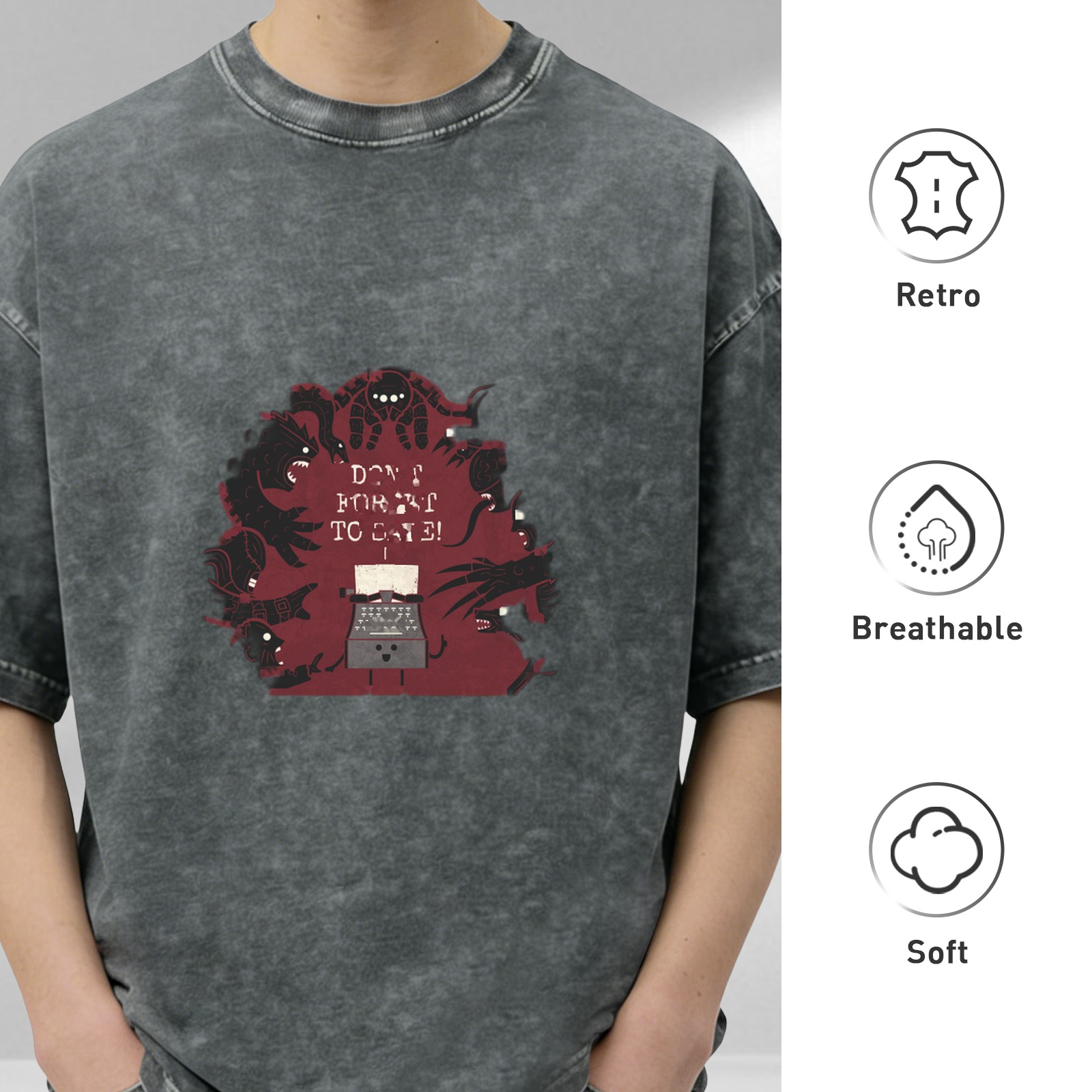oversized acid wash t-shirt with horror monster typewriter graphic