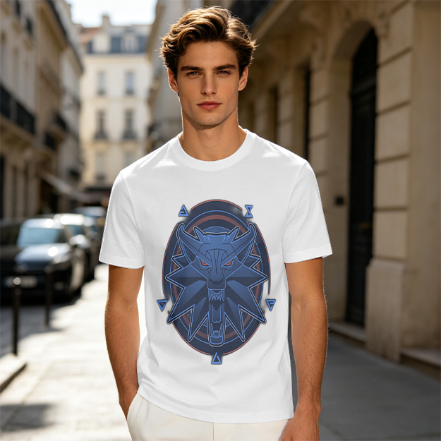 Olive T-Shirt With Witcher Wolf Medallion Graphic Print