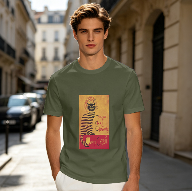 Olive T-shirt with Cheshire Cat Tournee Chat Print