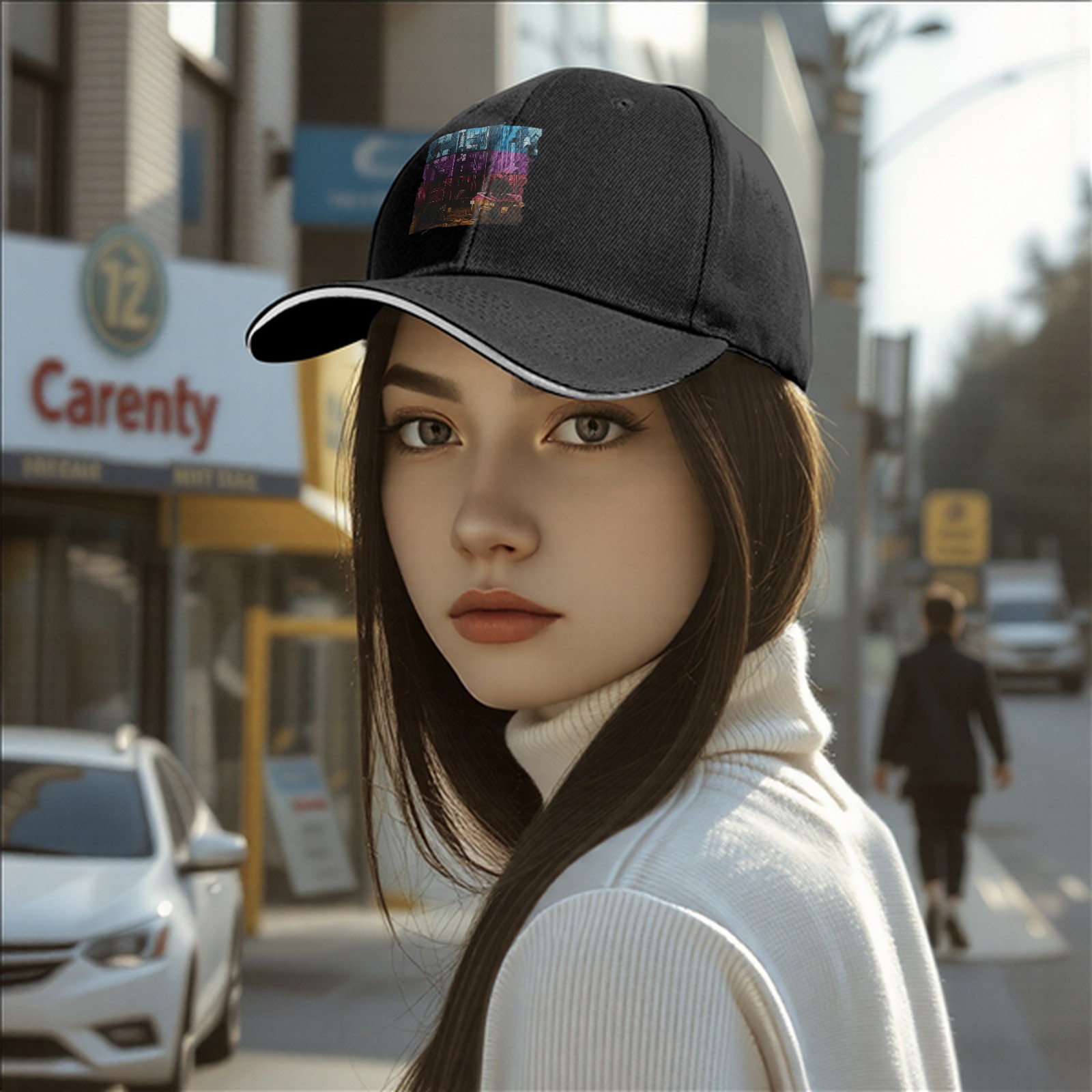 Black Baseball Cap with Neon Cyberpunk Cityscape Graphic