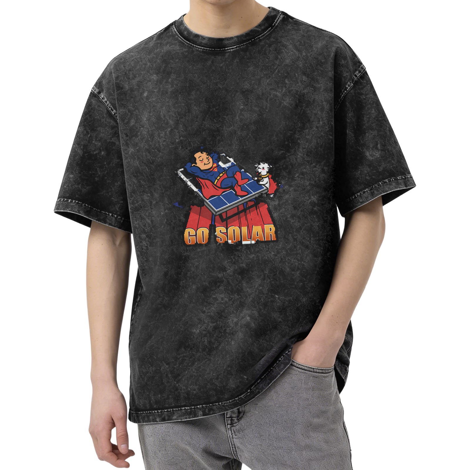 Oversized dark wash t-shirt with Superman and dog on solar panel graphic