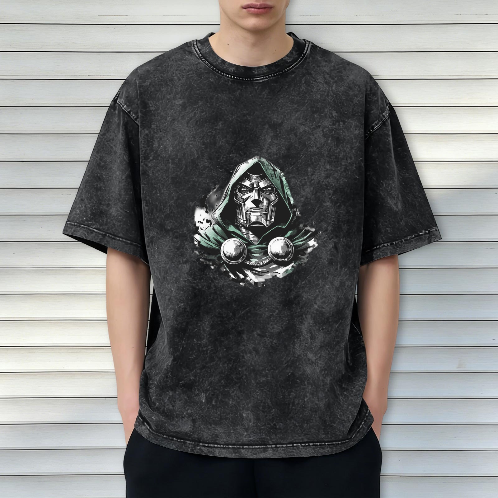 oversized acid wash t-shirt with doctor doom graphic print