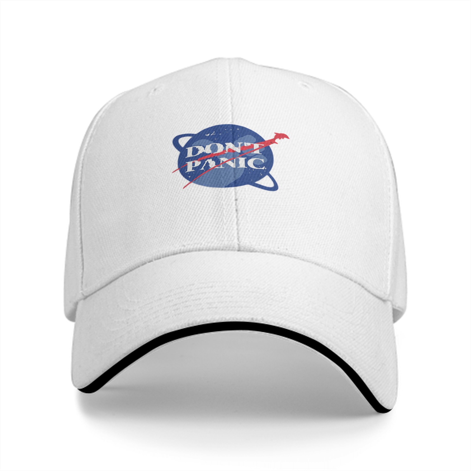 Black baseball cap with Don't Panic NASA-style space graphic