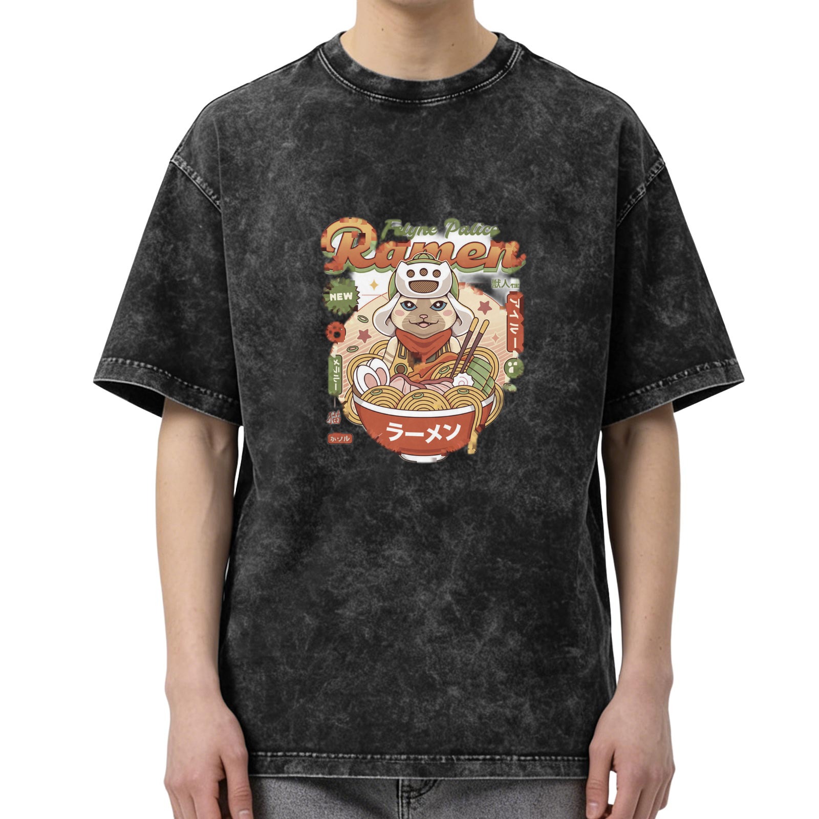 Oversized Acid Wash T-Shirt With Anime Ramen Cat Graphic