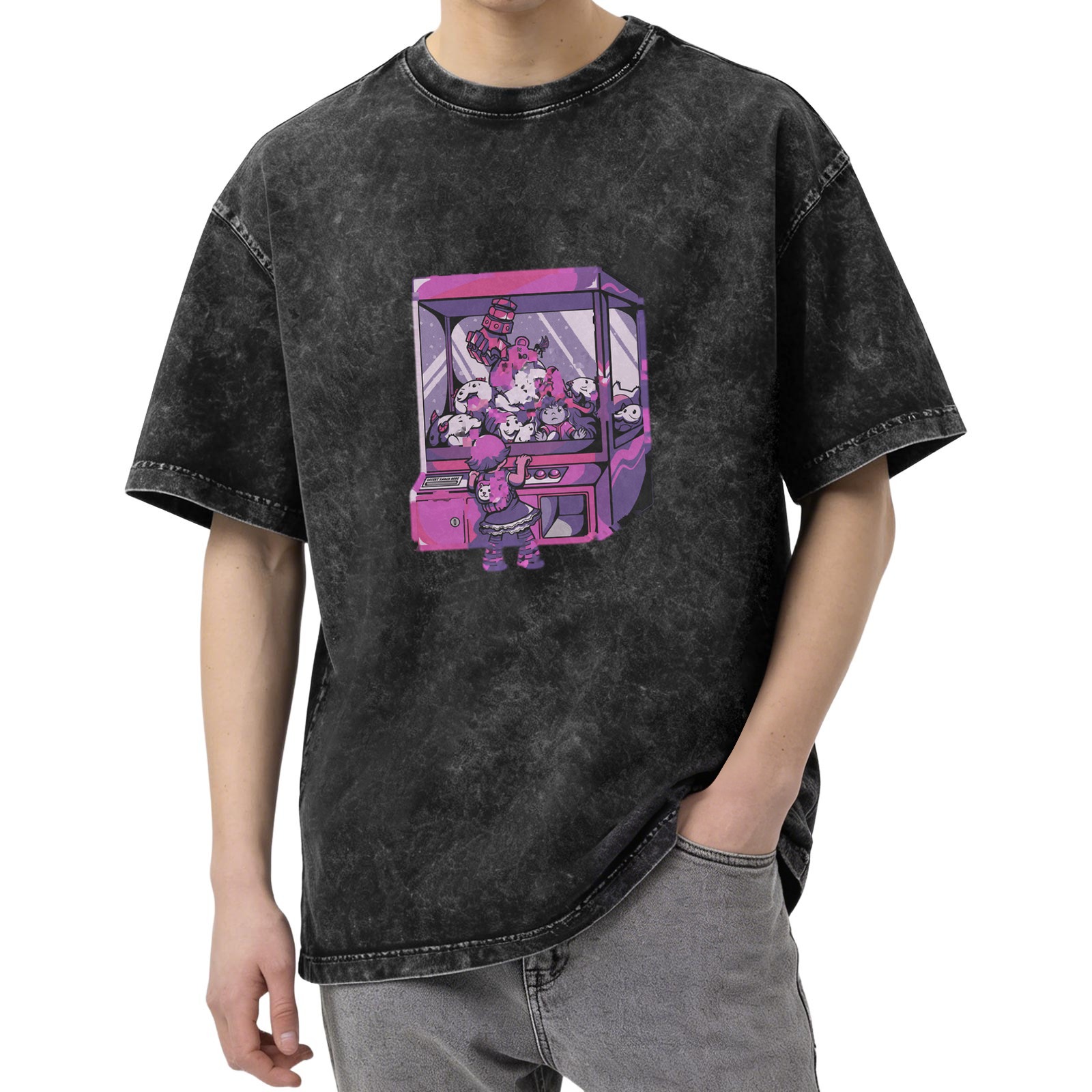 Oversized acid wash t-shirt with anime claw machine graphic