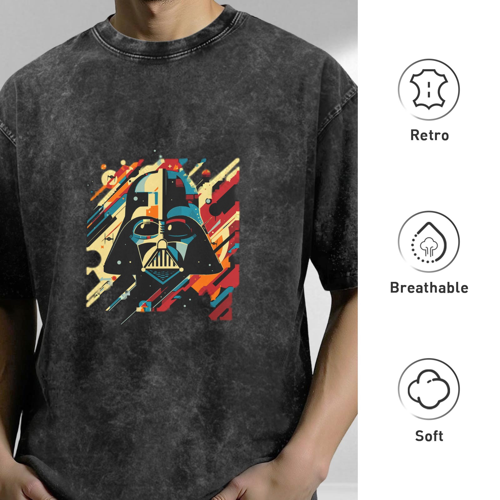 Washed Black T-Shirt with Retro Darth Vader Graphic Print