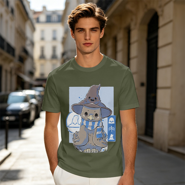 Owl in wizard hat and striped scarf graphic tee