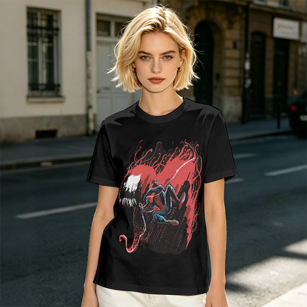 Olive T-shirt with Spider-Man and Symbiote Villain Graphic