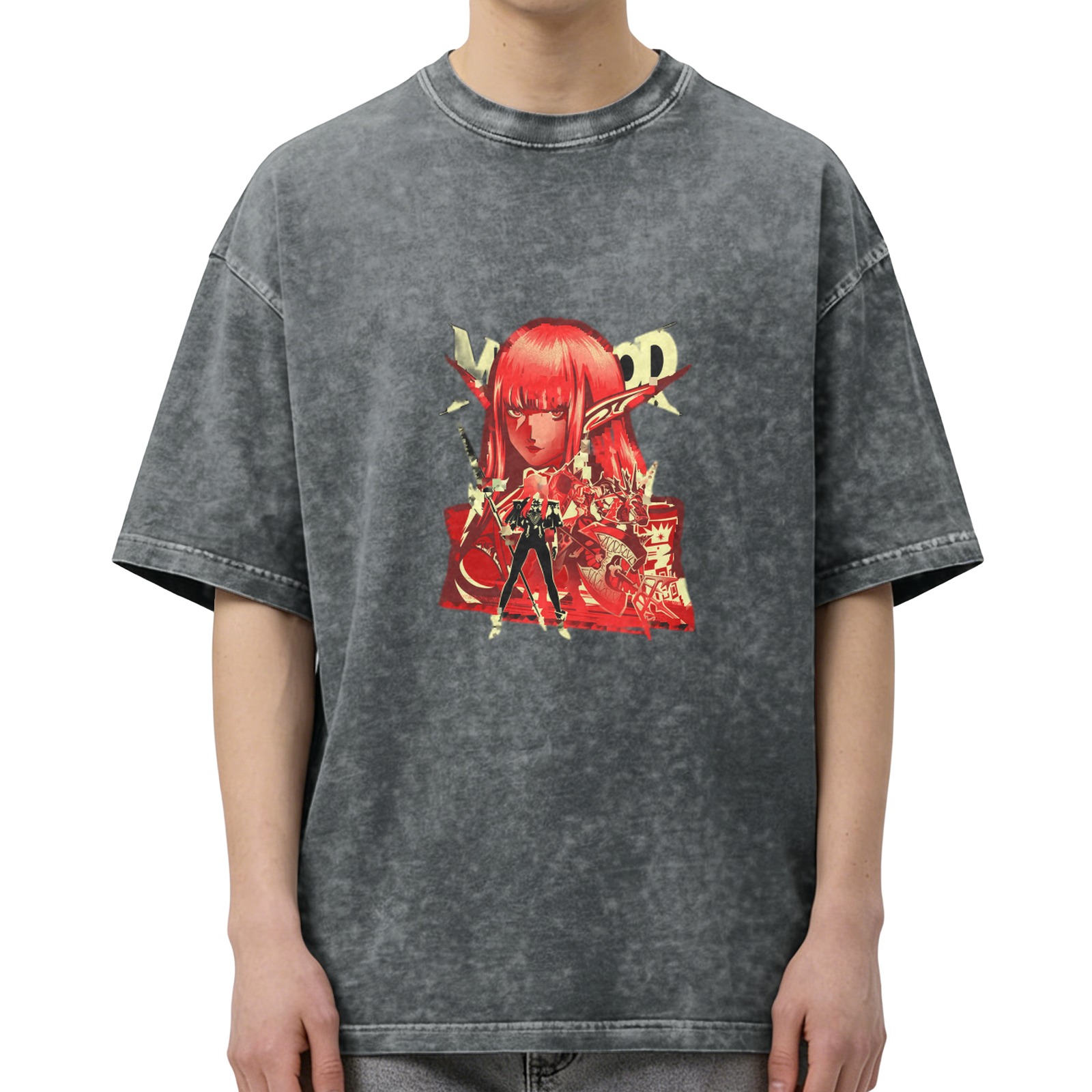 Oversized Acid Wash T-Shirt with Anime Elf Warrior Graphic Print
