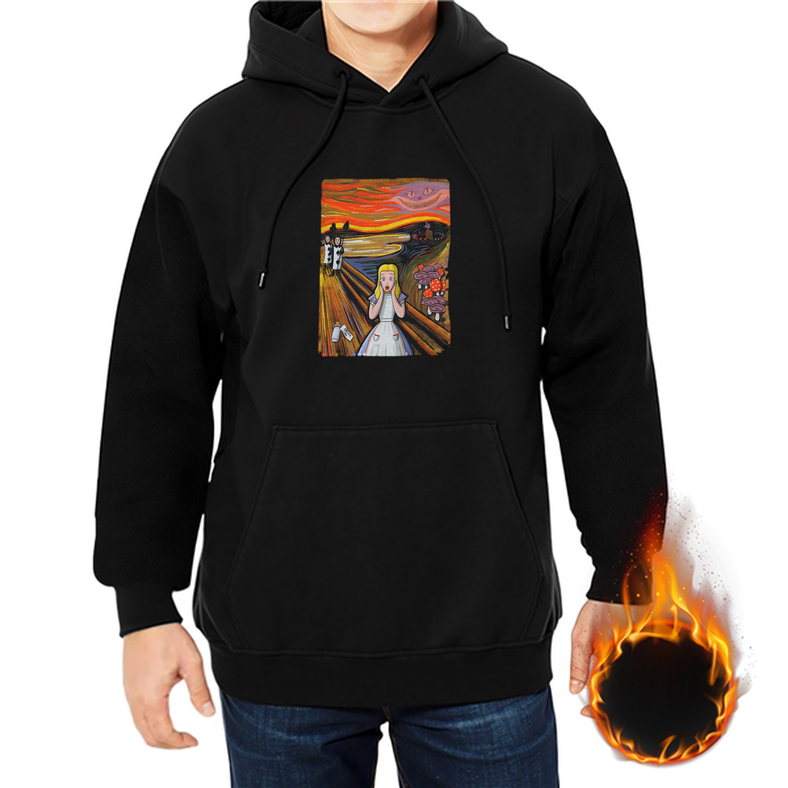 Black hoodie with Alice in Wonderland The Scream mashup print