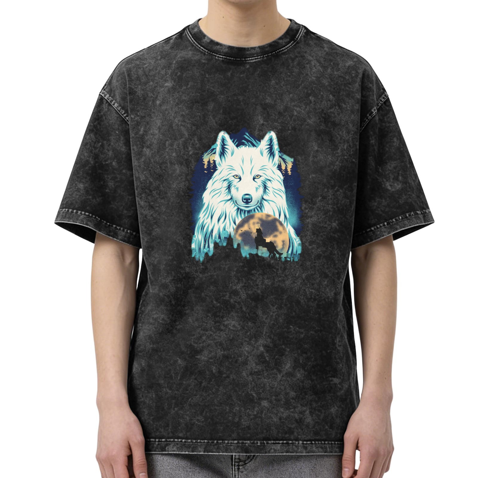 Oversized Dark Wash T-Shirt With White Wolf And Moon Graphic