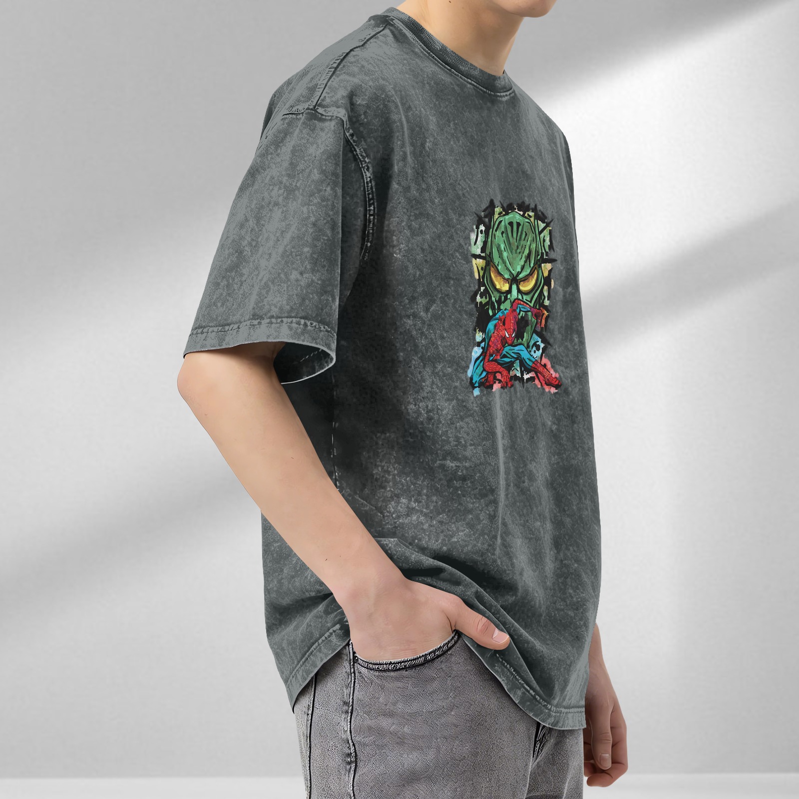 Oversized Acid Wash T-Shirt with Spider-Man vs Green Goblin Art