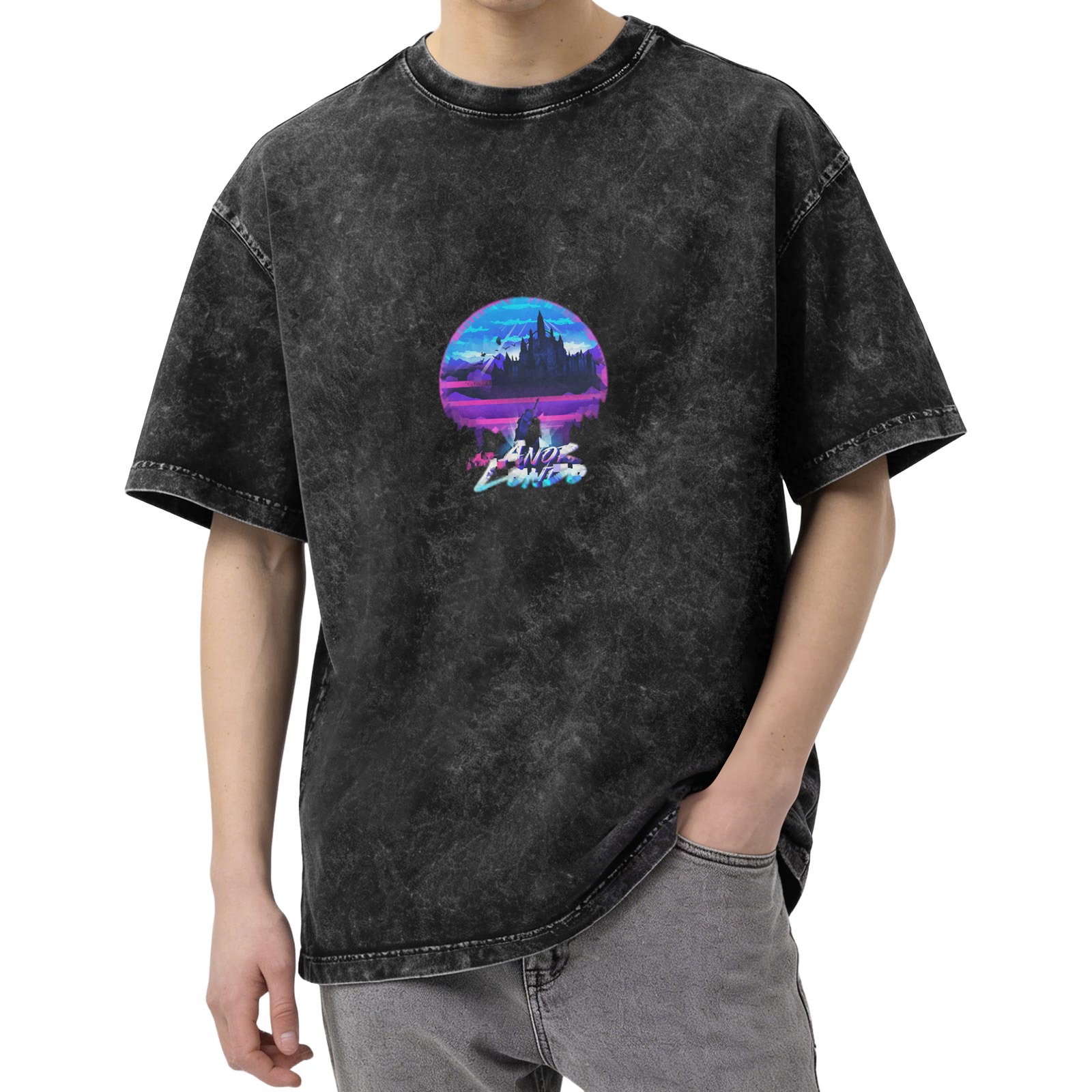Distressed washed black round neck short-sleeved T-shirt Retro style Anor Londo printed loose top