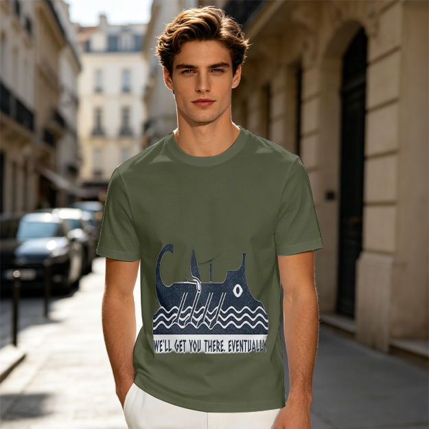 Olive T-Shirt With Whale Ship Graphic And 'We'll Get You There Eventually' Text