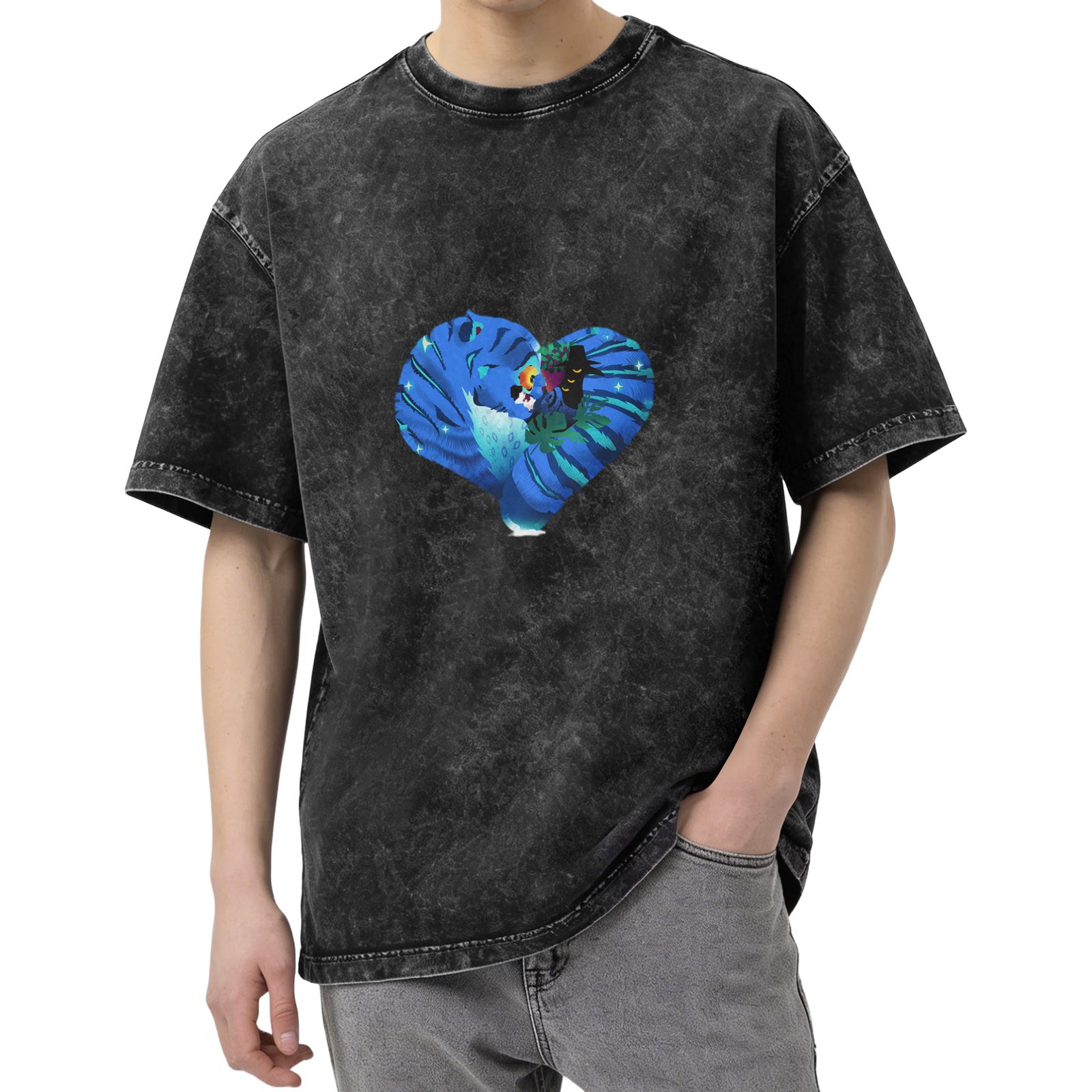 Washed Black T-Shirt With Heart Shaped Peacock Graphic