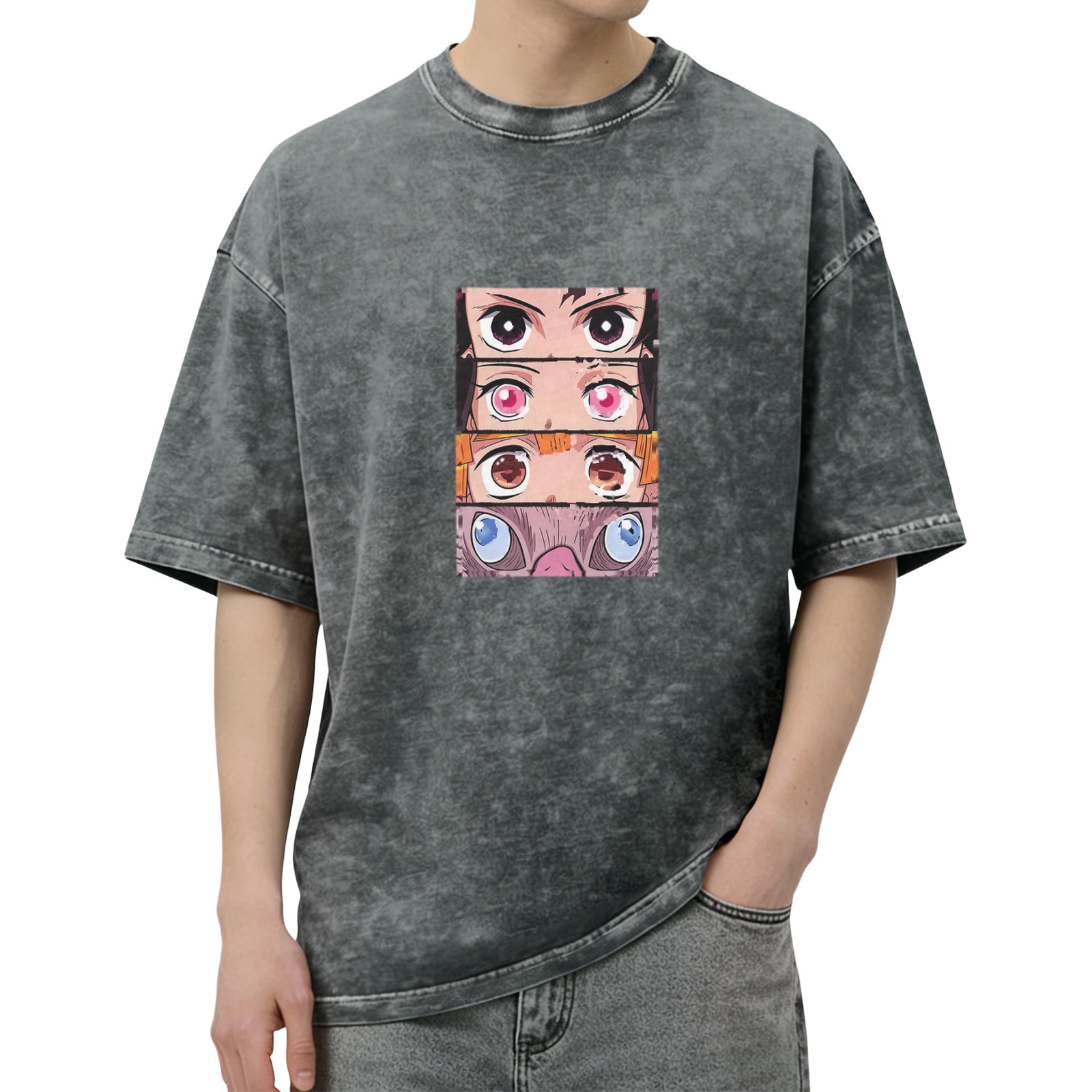 Demon Slayer themed washed distressed short-sleeved T-shirt