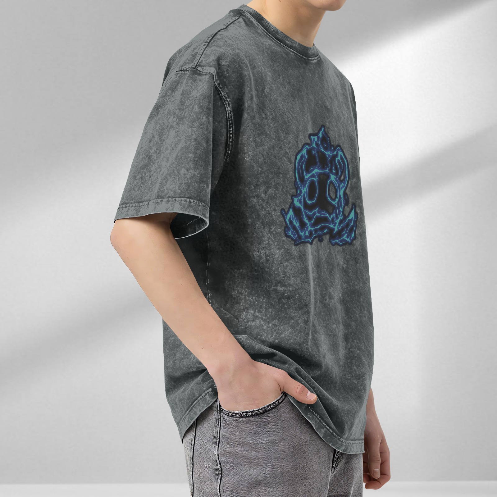 Washed Black T-Shirt With Glowing Blue Skull Graphic