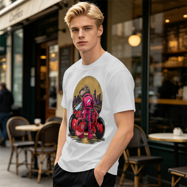 Olive T-Shirt With Capybara Biker And Futuristic City Print