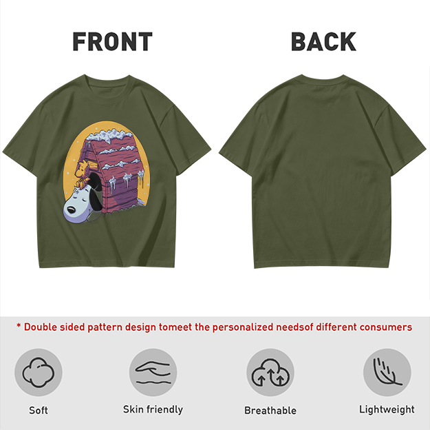 Olive T-shirt with Snoopy and Woodstock at snow-covered doghouse