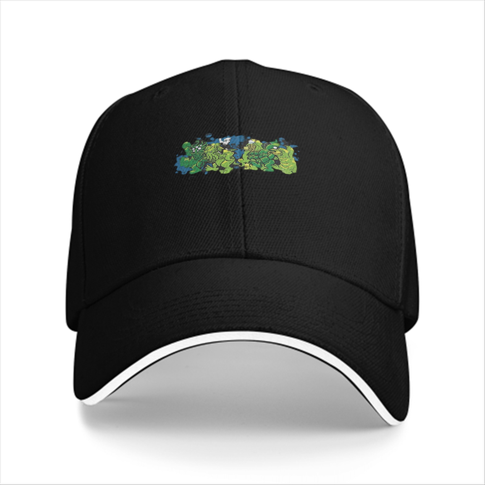 Black baseball cap with green monster graphic print
