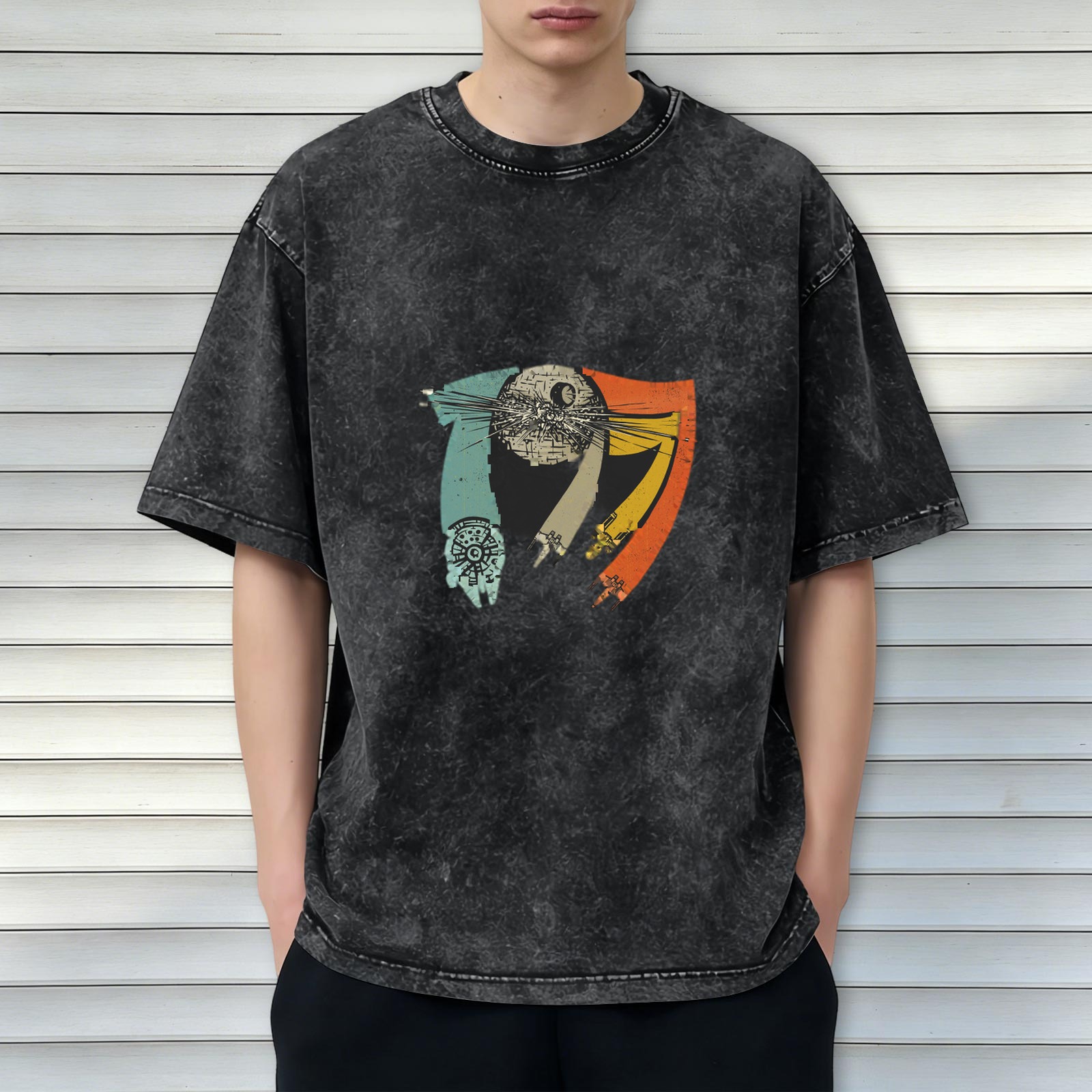 Distressed black Star Wars themed printed short-sleeved T-shirt