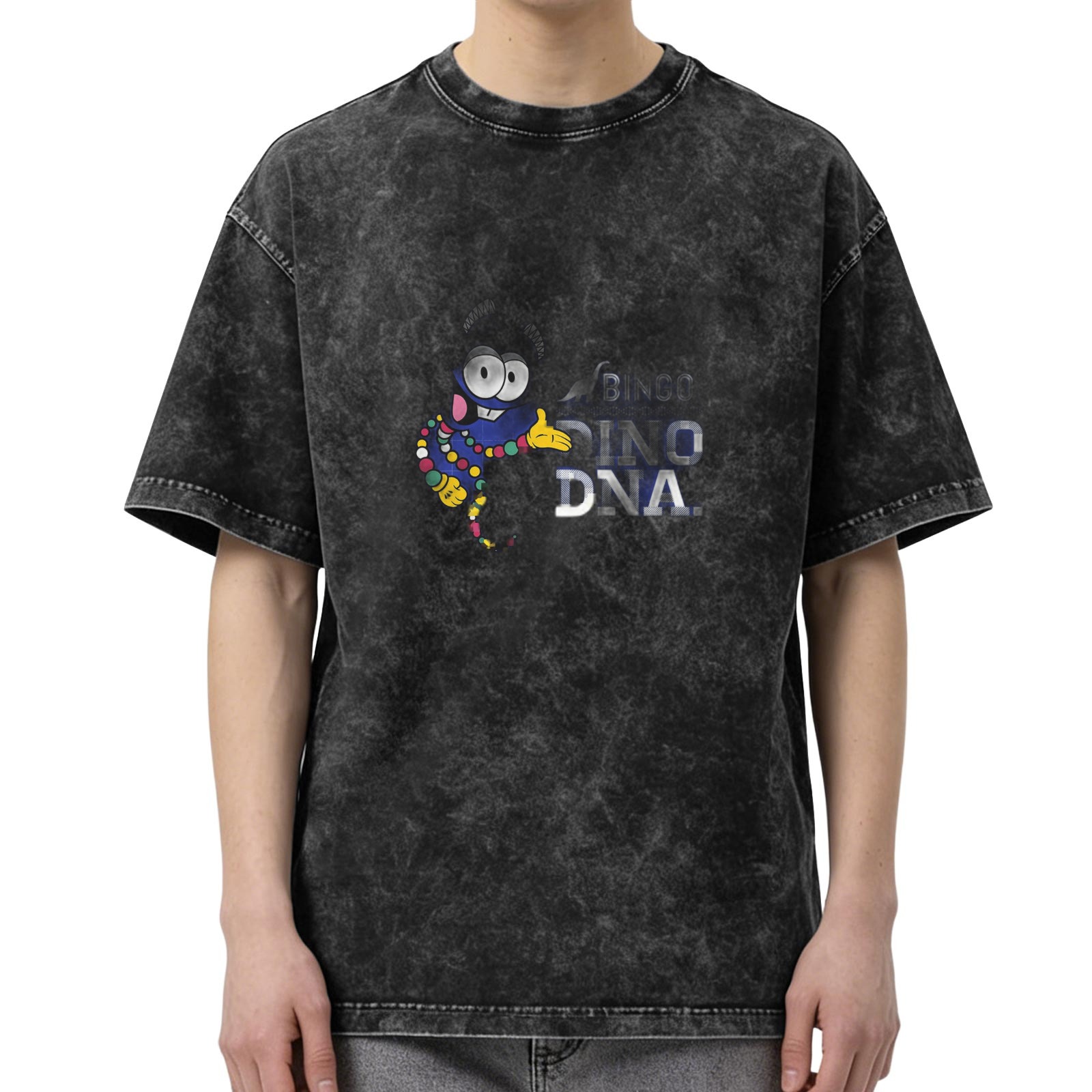 Distressed washed black cartoon print short-sleeved T-shirt