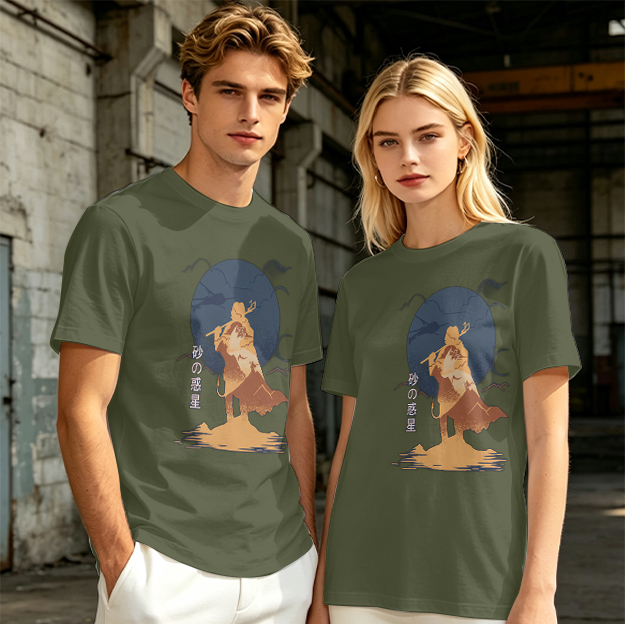 Olive T-shirt with Desert Wanderer Silhouette and Moon Graphic