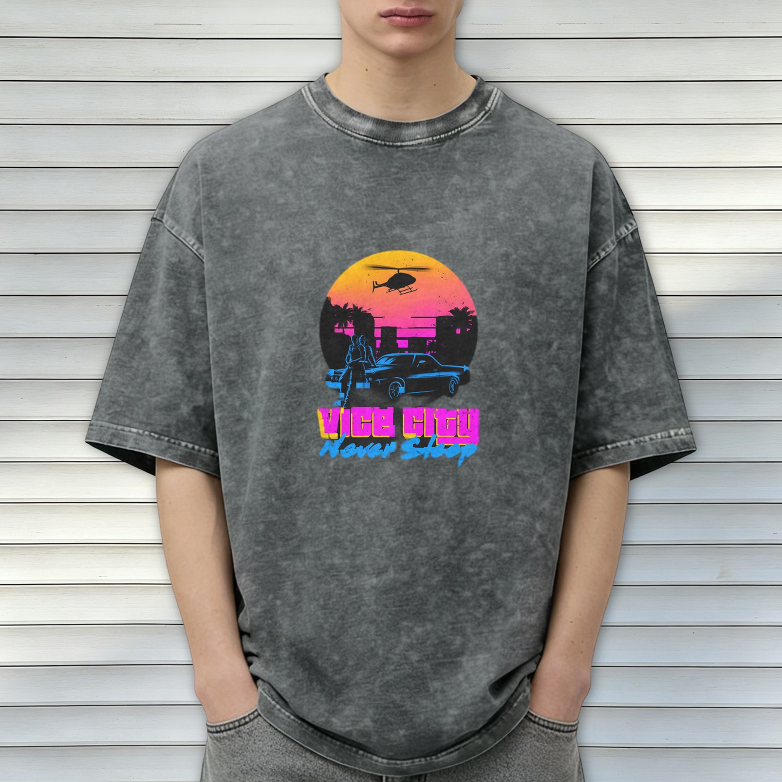 Vice City Never Sleep Retro Graphic Acid Wash T-Shirt
