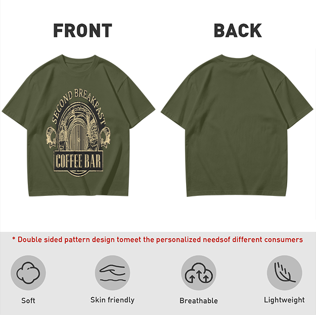 Olive Green T-Shirt with Second Breakfast Coffee Bar Graphic