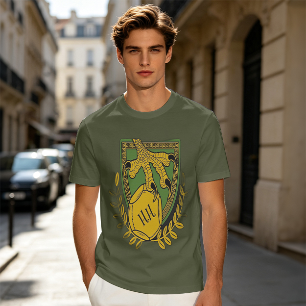 Olive T-Shirt With Eagle Claw Shield And Laurel Wreath Graphic