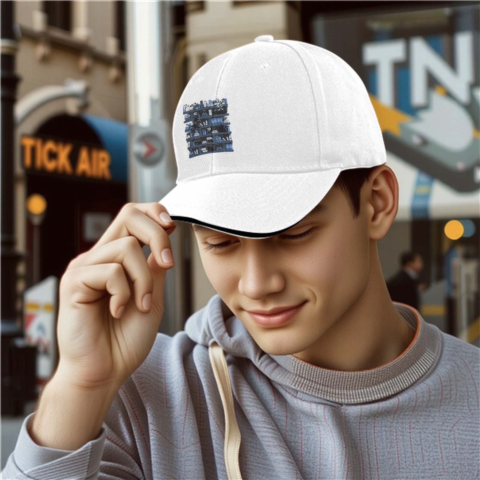 Black Baseball Cap With Bookshelf And Black Cat Graphic
