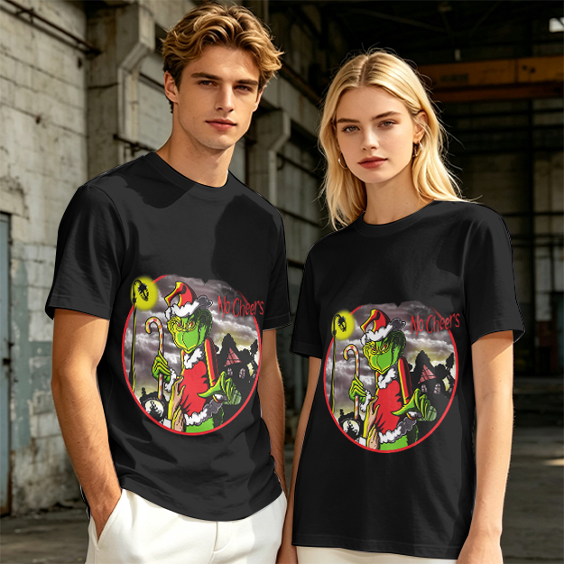 Olive T-shirt with Grinch 'No Cheers' Christmas Graphic Print