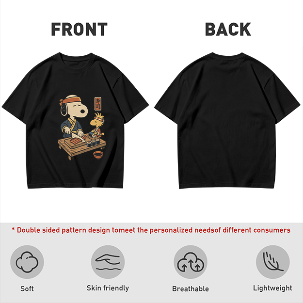 Olive T-shirt with Snoopy and Woodstock making sushi print