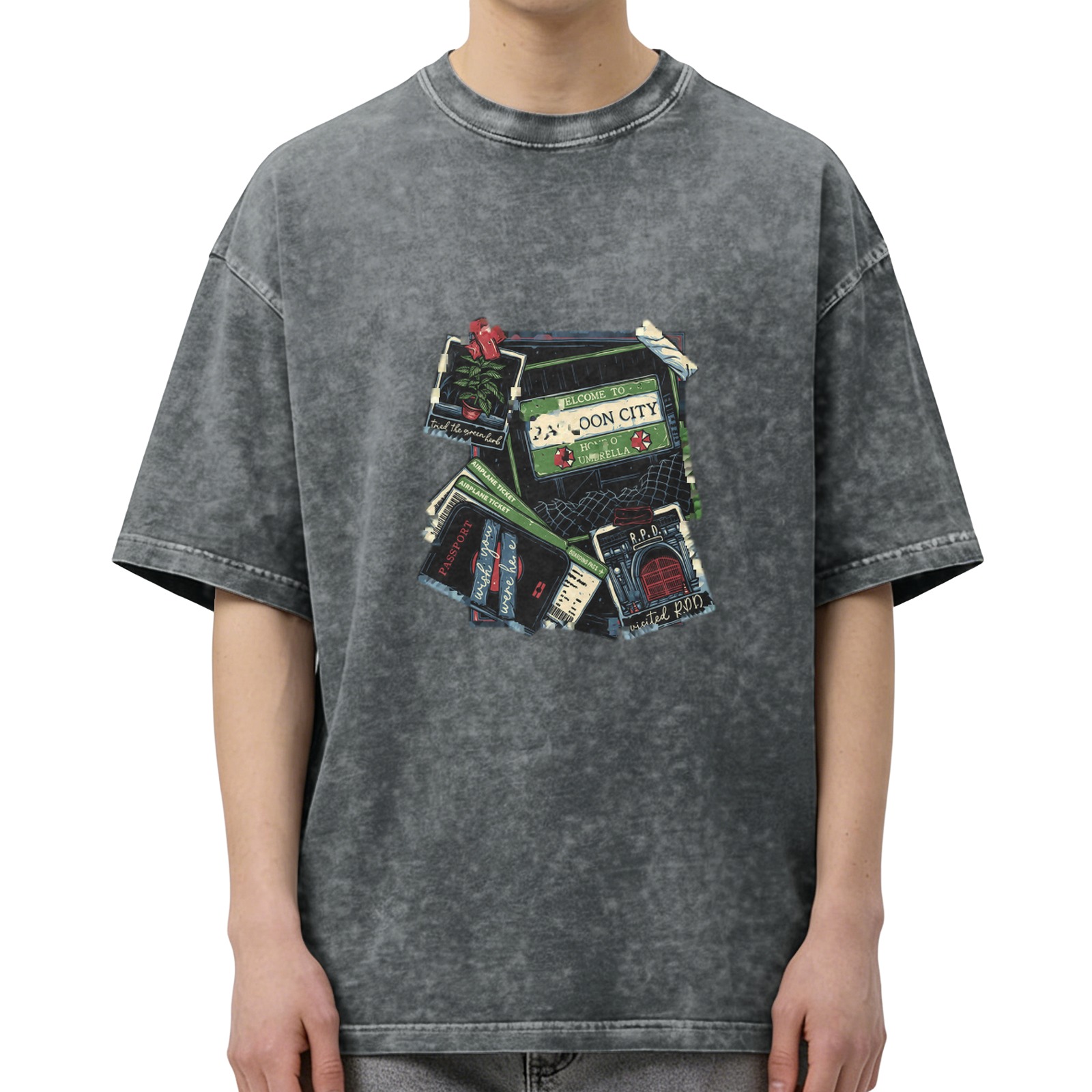 Oversized Acid Wash T-Shirt with Vintage Travel Collage Graphic