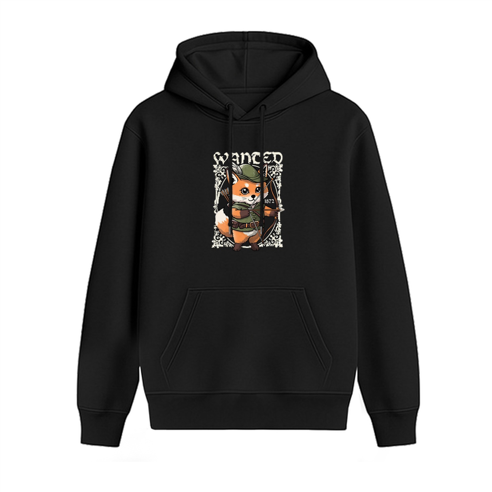 Black hoodie with cute fox archer 'WANTED' graphic