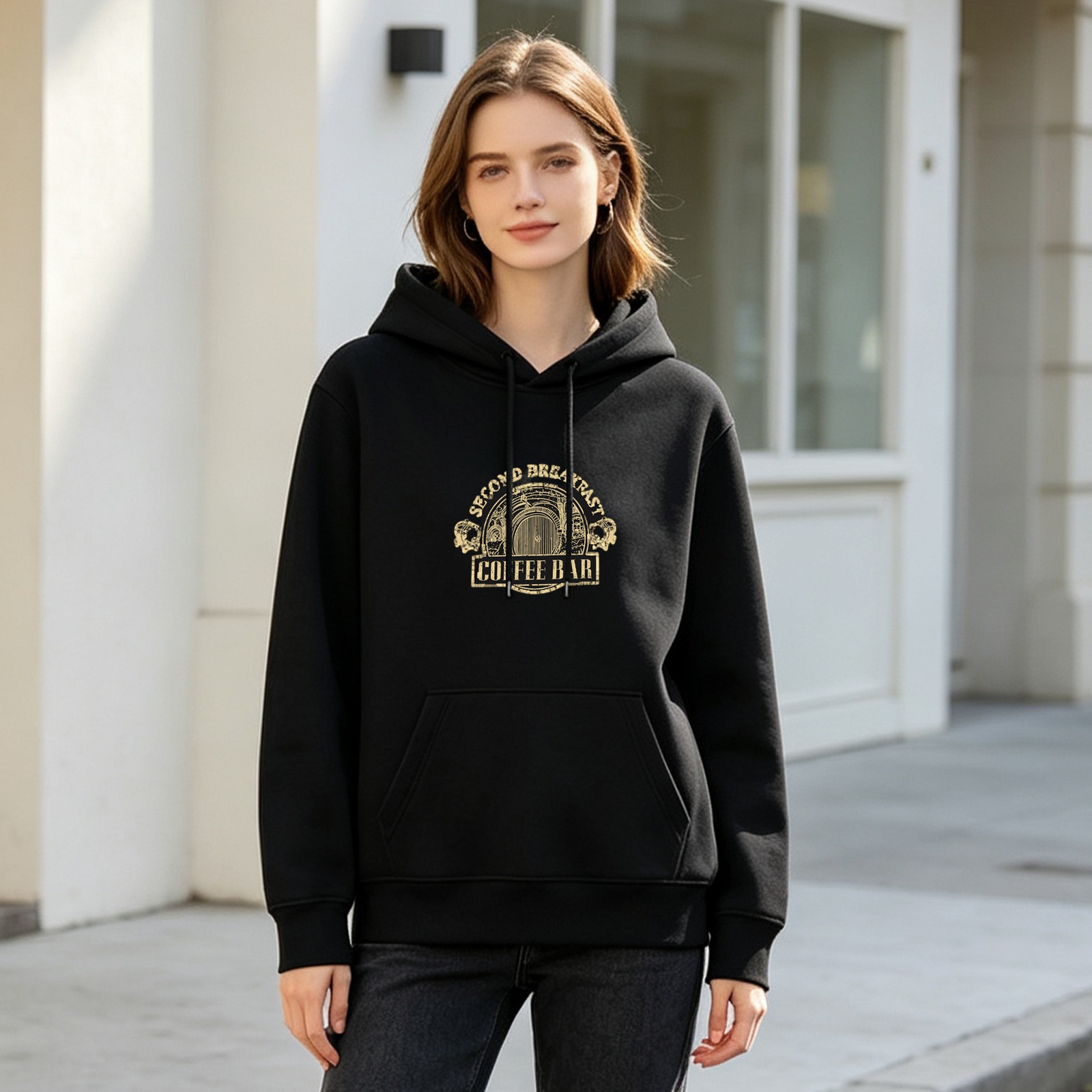 Black Hoodie with Second Breakfast Coffee Bar Graphic