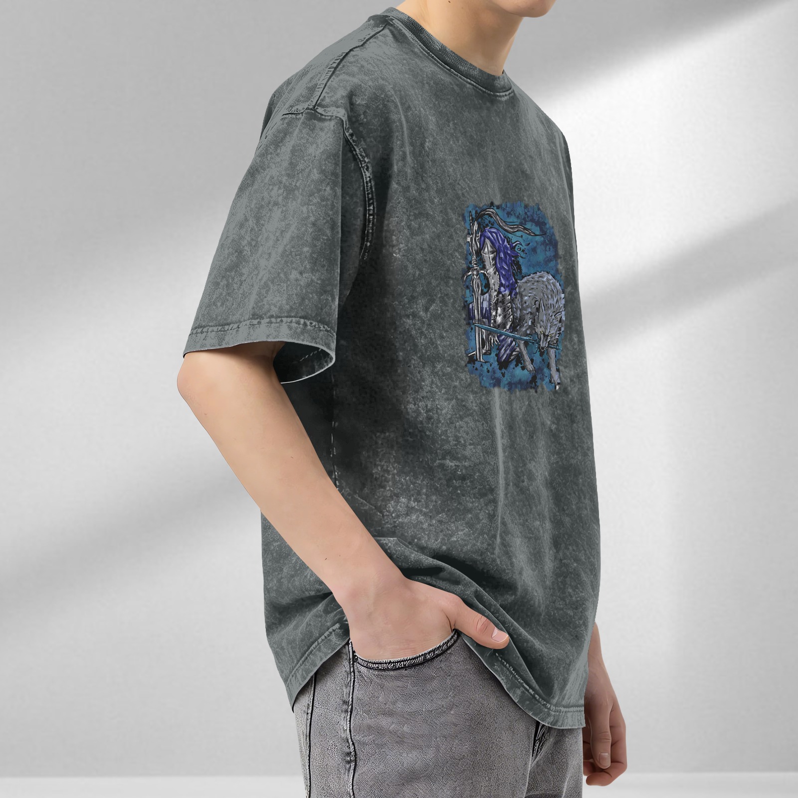 Washed Black T-Shirt With Knight And Wolf Fantasy Art Print