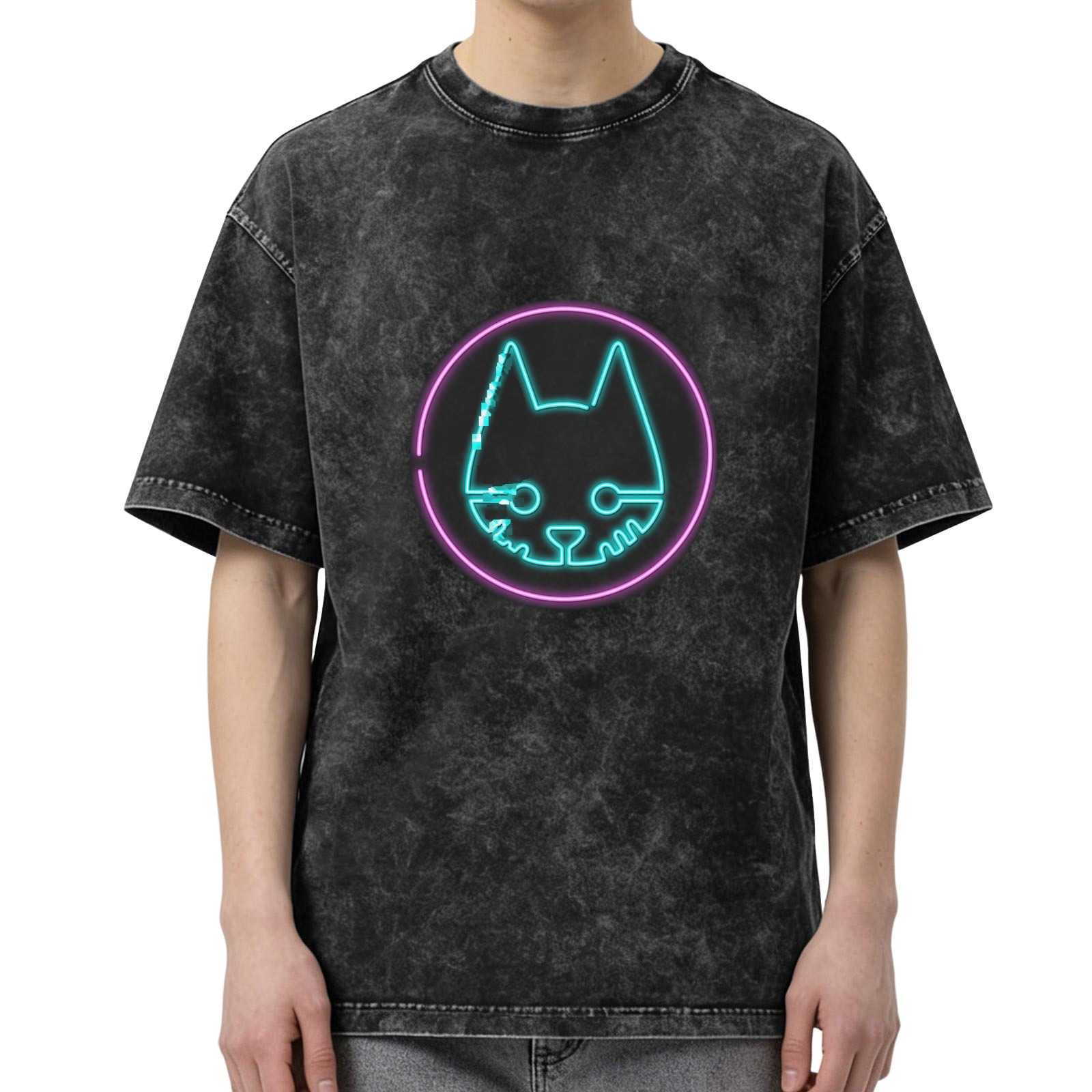 Oversized Vintage Wash T-Shirt with Neon Cyberpunk Cat Graphic Print
