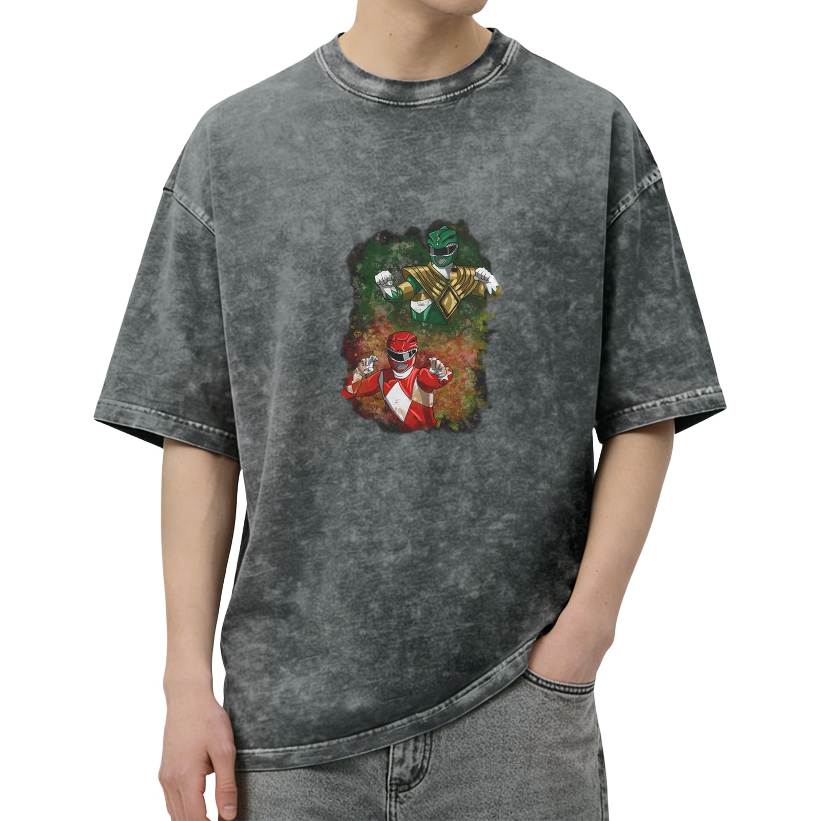 Power Rangers Red and Green Vintage Wash Graphic T-Shirt