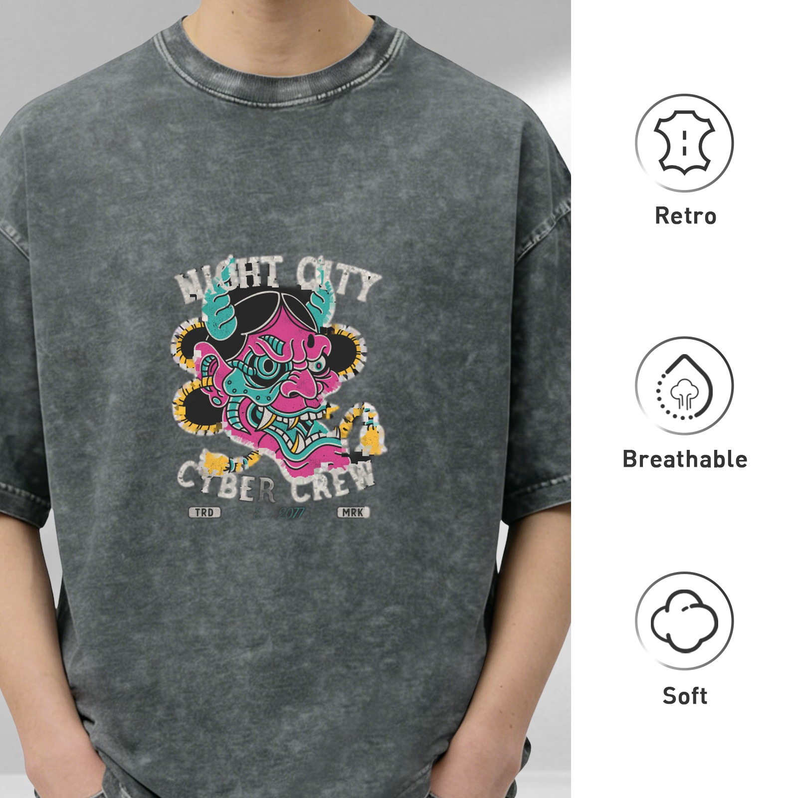 Night City Cyber Crew Demon Graphic Acid Wash T-Shirt