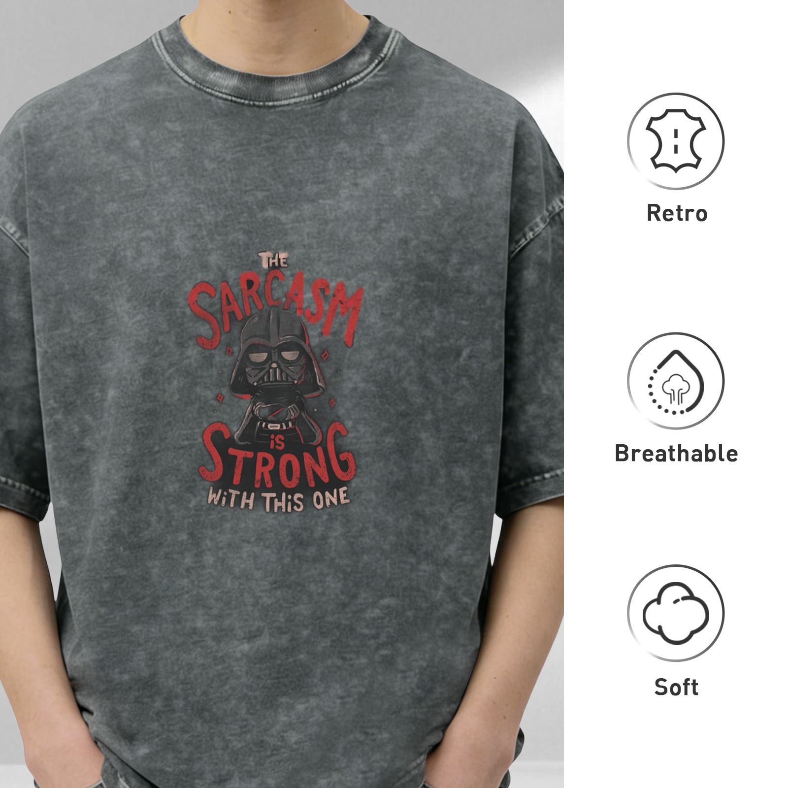 Washed black graphic t-shirt with 'The Sarcasm is Strong' Darth Vader design