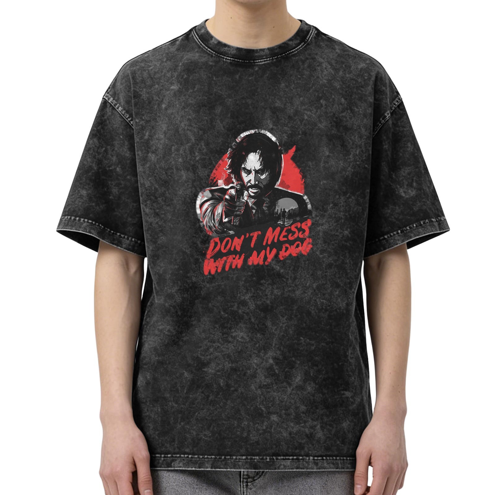 John Wick themed distressed washed black short-sleeved T-shirt Fun slogan 