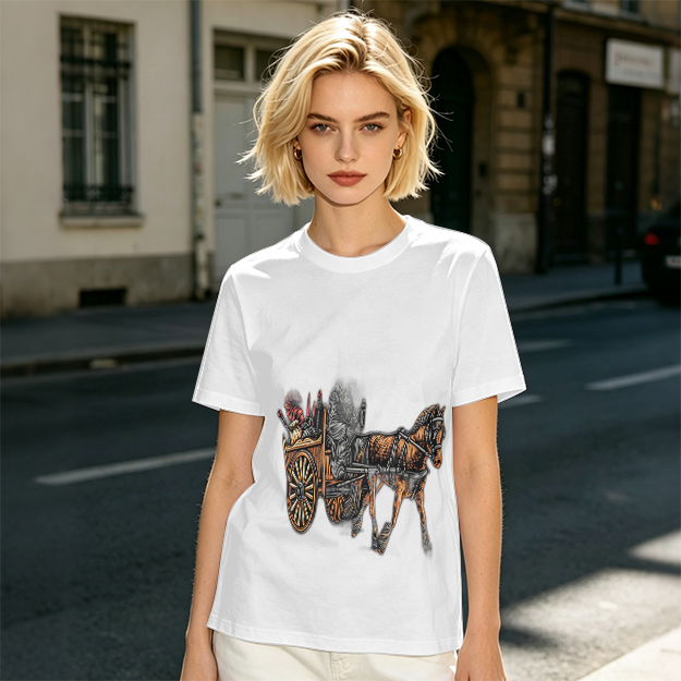 Olive T-Shirt With Horse Drawn Cart Graphic Print
