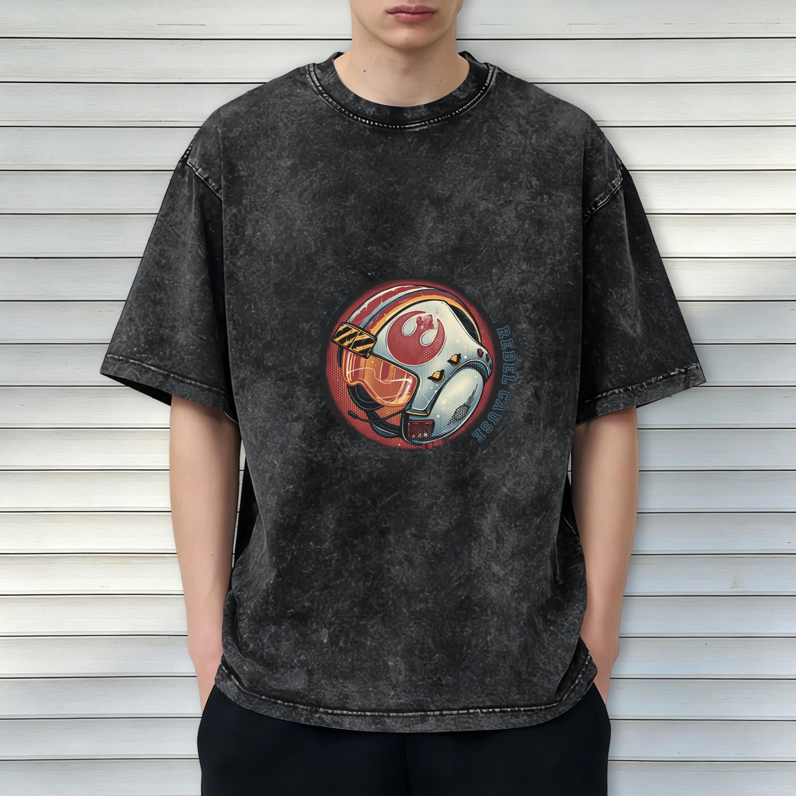 Washed Black T-Shirt With Rebel Pilot Helmet Graphic