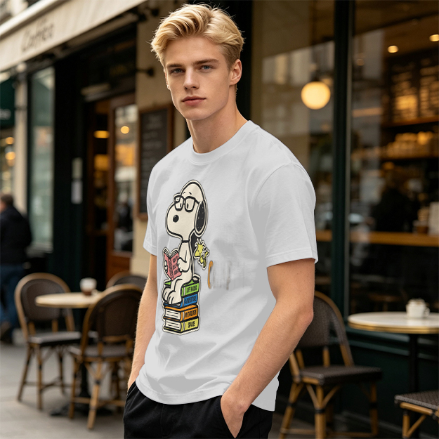 Olive T-shirt with Snoopy reading on stack of books