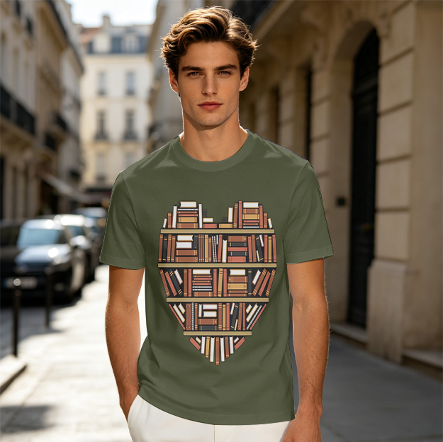 Olive T-Shirt With Heart Shaped Bookshelf Print For Book Lovers