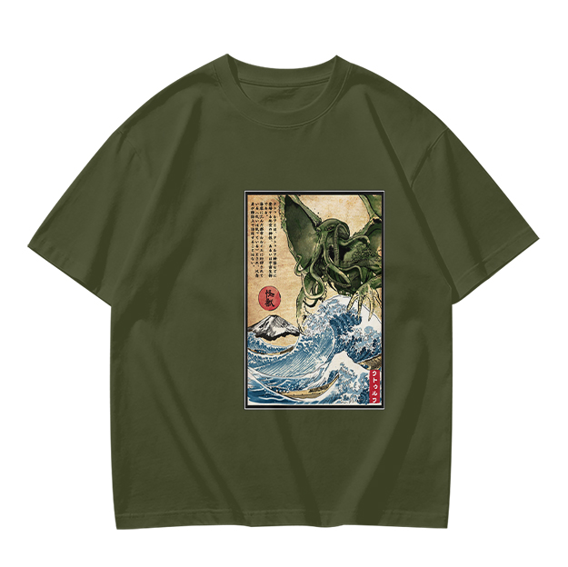 Olive T-shirt with Japanese ukiyo-e style Cthulhu wave print