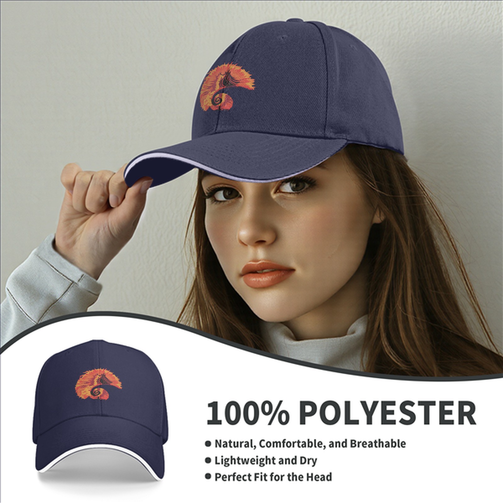 Black baseball cap with fiery spiral silhouette graphic